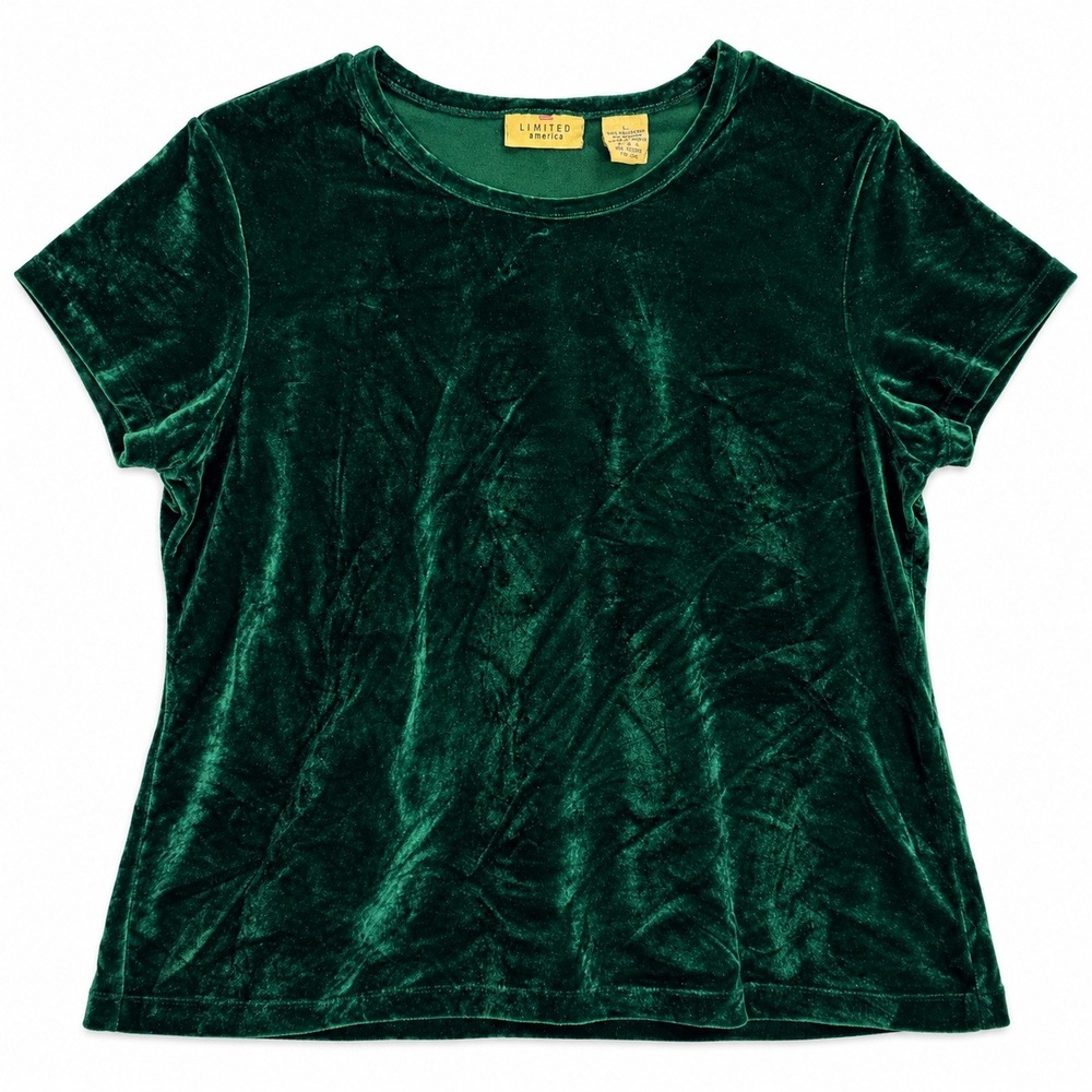 Limited America Womens Green Crushed Velvet Short Sleeve Crew Neck Top Large